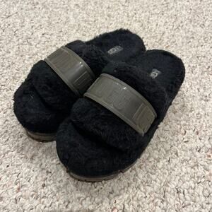 UGG Black Fuzzed Slide Sandals with Olive Logo Strap